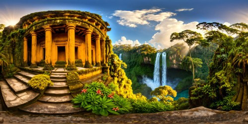 An ancient, intricately carved temple hidden within a lush jungle, bathed in golden sunlight filtering through dense foliage, ancient vines intertwining with weathered stone, vibrant flowers blooming against moss-covered ruins, the air filled with the sound of chirping birds and rushing waterfalls, a serene, mystical oasis captured in flawless, ultra-high-resolution detail.