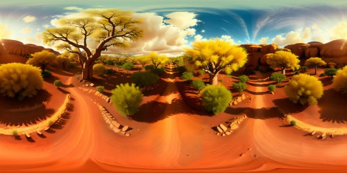 Sweeping African savannah, majestic baobabs, golden grass fields, fiery orange sunset over rugged horizon. Exquisite detailing, ultra high-resolution, compelling VR360 panorama. Distinct African theme, masterpiece level artistry, VR360 open-air spectacle. Resplendent in ultra-high definition, sheer visual poetry.