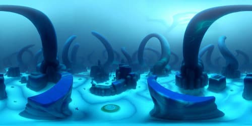 Underwater scene, distant view of Lovecraftian massive sunken temple city made of green marble, statues of squid men, murky lighting