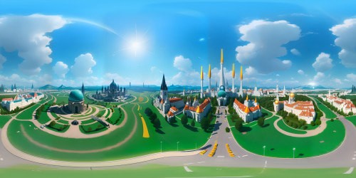 Masterpiece quality, VR360 scene of Vienna's architectural skyline. Baroque edifices, neo-gothic spires, prominent ferris wheel in the Prater. VR360 panorama, ultra-high resolution, imbued with Pixar-style vibrant colors.