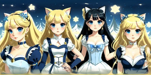 VR360, anime-style opulent quintet, princesses, icy-blue eyes, blonde, ethereal white feather. Gold hoops, white fur trappings, power-displaying postures, cat ear accents. Minimalist foreground, pixellated close-ups, ultra high-res, VR360. Mix of royalty, elegance, whimsy, red lip gloss. Masterpiece quality, unorthodox positions, non-obstructive high-resolution detailing.