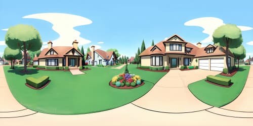 VR360, ultra HD, modern family-inspired architecture, suburbia backdrop, manicured lawns, modern-style homes, white picket fences, luxury cars in driveways. Style: lifelike, realistic textures, Pixar-inspired.