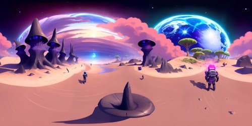 five black women wearig bikinis. they are on a beach on an alien planet.