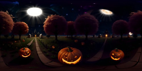 VR360 Halloween spectacle, ultra HD. Ghostly pumpkins, silhouetted trees, cobweb-covered fences. Election signs, inventive touch, VR360. Gothic art influence, profound colors, intricately textured. Sky dominated by a celestial parade, gleaming stars illuminating the scene with a haunting glow.