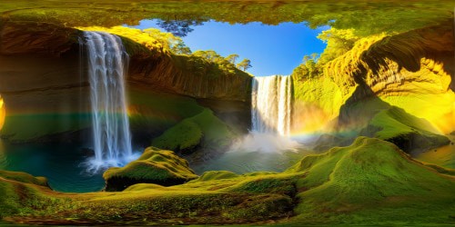 A pristine, high-definition scene of a majestic cascading waterfall flowing down a lush moss-covered cliff, leading into pristine aquamarine pools that reflect rainbow mist, with shimmering droplets capturing the brilliance of the sun, presented in flawless ultra-high resolution for a truly immersive experience.