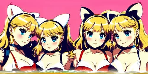 best quality, masterpiece, ultra high res,five 30 year old princesses_wearing pink leotards_wearing gold hoop earrings_wearing red lip gloss_one has blue eyes_two of them are blonde_they are squatting_spread_arms above their heads_close up of armpit_ cat ears, style manga