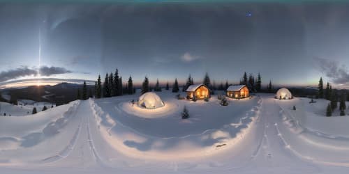 Luxurious glamping dome, subtle focus, radiant fireplace warmth. VR360 view, infinite aurora-kissed skies, streaking meteor showers, borealis displays. Fresh, thick blanket of snow, backdrop scenery. VR360 experience, immersive, Pixar-style animation. Masterpiece quality, Ultra HD.