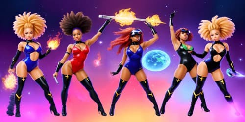 five african american women wearing leotards and thigh high boots. two of the women have dreadlocks. they are superheroes. one is carrying a large flaming hammer.