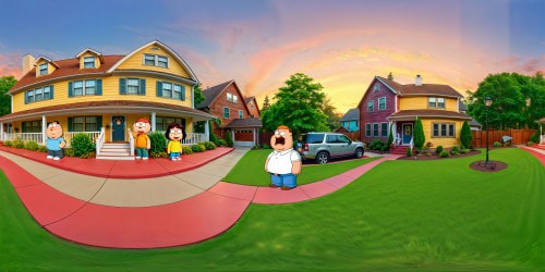 Immaculate recreation of "Family Guy" characters in front of their iconic home, flawless high-resolution detail, vibrant colors, quintessential toon perfection.