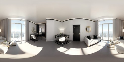 Ultra HD VR360, luxurious suite, chic minimalism, silk furnishings, sleek chrome accents, daylight bathed. High-res VR360 cityscape, crystal-clear reflections, elegant day ambiance. Masterpiece-realism, opulent interior detailing, all-encompassing panorama.