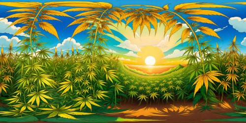 A flawless, high-resolution depiction of a lush hemp paradise, with towering vibrant hemp plants bathed in golden sunlight, intricate textures of hemp leaves, and a symphony of green hues under a cloudless azure sky.