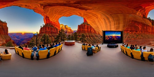 A state-of-the-art outdoor movie theater, set amidst the awe-inspiring Grand Canyon at sunset, showcases crystal-clear projections on a massive screen, surrounded by towering red cliffs bathed in warm, golden hues under a vibrant, dusky sky.