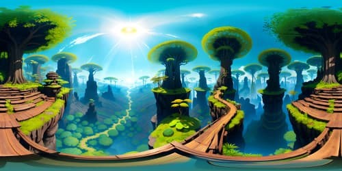 Ultra high-resolution VR360 view, forest masterpiece, emerald canopy overhead, sun-speckled undergrowth, ethereal moss-draped trees, ancient trunks, fern carpet, radiant light beams. Style: Hyper-realistic painting, crystal-clear details, exquisite color rendering.