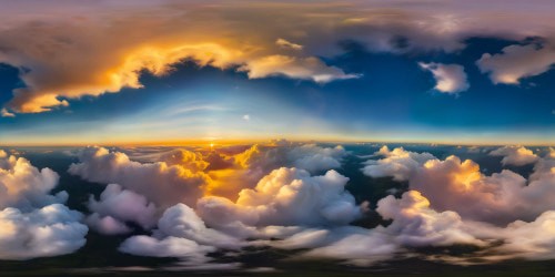 A breathtaking, flawless celestial tapestry with billowing cumulus clouds, painted in vivid hues, bathed in golden hour light, ultra high resolution, a masterpiece of the heavens.