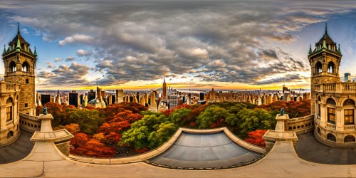 Atop a flawlessly detailed, majestic castle in downtown Manhattan, bathe in the panoramic cityscape below, witnessing a cozy bedroom with a crackling fire illuminating a stunning brunette woman, framed by vibrant city life and gorgeous girls on nearby balconies. A high-resolution masterpiece capturing urban splendor and intimate warmth with intricate detail. i overlook central park