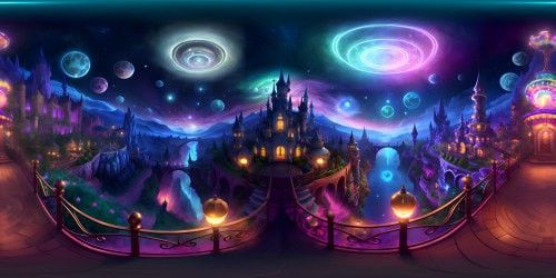 Neverland's enchanting landscape in VR360, ultra high-res detail. Whimsical ferris wheel, magical carousel, dazzling neon lights. Michael Jackson's emblematic glove sparkling amidst the fantasy. Surrealist art style, Picasso-esque distortions and vibrant colors. Dreamlike VR360 immersion.