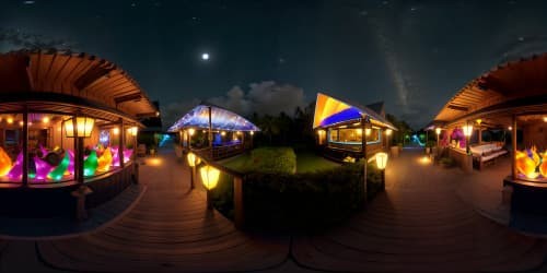 VR360 ultra-high resolution, luminous night scene, Maldives beach resort, glowing beach huts, glassy calm sea, star-studded sky, floating lanterns, breathtaking masterpiece quality, VR360 enigmatic moonlight reflection sky view skyline