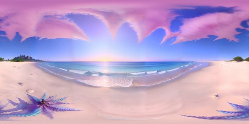 Prismatic beach sunset, VR360 panoramic expanse. Crystal-clear water, iridescent seashells dotting sandy shoreline. Pink swimsuits strewn casually, foreground subtlety. Monet-inspired texture, soft blurring for ultra-high resolution view. Dreamy pastel palette, impressionist flair, VR360 masterpiece.