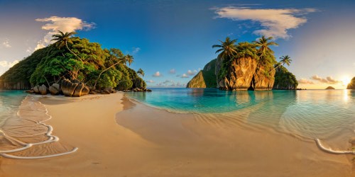 8k-Mhotoreal (feated) black magic immersive camera eye level height 16k resolution real photo tropical Island beach golden coastal sand and lapping turquoise see very tranquil
