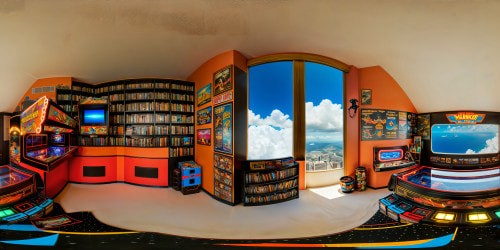 A flawlessly detailed 80s-inspired boys' room, brimming with retro arcade machines, neon lights, action hero posters, pixelated video games, virtual reality setups, classic collectibles, and shelves adorned with sci-fi books, all captured in ultra-high resolution—a perfect nostalgic masterpiece.