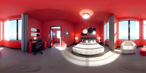 Masterpiece quality, VR360 modern scene, ultra-high resolution. Red bed centering view, posh comfort, minimalist elegance. Soft, ambient lights casting gentle shadows, vibrant, alive yet calm. VR360 approach, blending Pixar-style softness with real-world clarity.