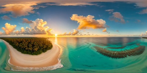 A pristine tropical island beach gleams under a radiant sunset, with luxurious golden sands meeting tranquil turquoise waters, kissed by a gentle breeze and framed by lush palm trees swaying against a pastel sky.