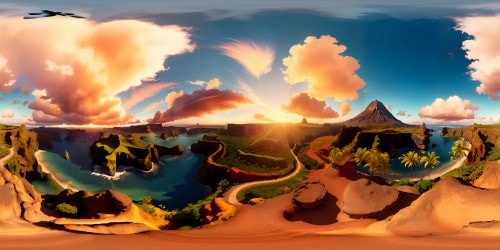 Hawaii VR360: golden sunset, polychromatic skies, soaring palm silhouettes, cascading waterfalls, fiery volcanic peaks. Style: Ultra-HD realism, crisp details, vibrant color palette. A visual feast in VR360 grandeur, a tropical masterpiece.