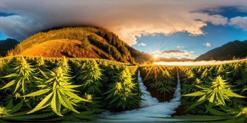 A flawless, ultra-high-resolution rendering of a lush, vibrant marijuana field at golden hour, intricate trichomes glistening in the warm sunlight, creating a breathtaking masterpiece of botanical beauty and detail.