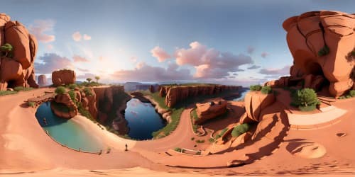 Ultra HD, Masterpiece quality VR360, Grand Canyon, river slicing through red rock vistas, sunset cast shadows. Ethereal hues on horizon, skyview dominated by setting sun's glow.