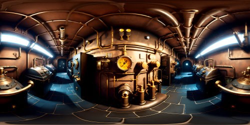 Ultra high-resolution VR360 view, grimy boiler room ambiance. Aged copper pipes, steam billowing, forgotten industrial masterpiece at the heart. Antique pressure gauges, iron grates, weathered brick walls. Style: hyper-realistic digital painting, meticulous VR360 detailing, rich texture emphasis.