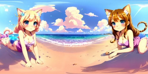 VR360: Opulent beach scene, crystal-clear waters embracing feline grace. Neko Catgirls, elegant and playful, frolicking in the gentle waves. Pink and gold twilight sky, fading into navy. Anime style, detailed, stylized, cute expressions, signature big eyes, fluttering tails. VR360: Mix of soft pastel and vibrant hues, ultra HD, digitally painted effect. Masterpiece quality, sharp, high res, striking visual impact.