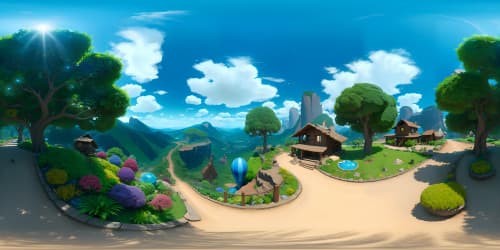 VR360 Masterpiece, ultra HD quality, boundless landscape, mountain range sprawling, cascading trees creating a lively tableau, cloud tapestry enhancing the expanse, studded cosmic panorama. Style: Pixar-esque, detailed, vibrant.