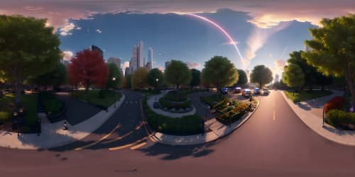 VR360 ultra-high resolution, masterful depiction, fall colors skyview over Central Park at night, NYC skyscrapers skyline contrasting, vibrant autumnal hues, VR360 immersive panoramic display, precision detailing.