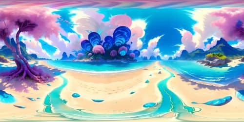 Masterpiece VR360 beach scene, ultra-high-res, sparkling turquoise sea, pearl-like sands, VR360 view of exotic palms cascading. Lush tropical flora, digital painting style. Expansive coastal sunset, blending azure sky with blush-pink streaks. Immaculate quality, digital art, VR360.