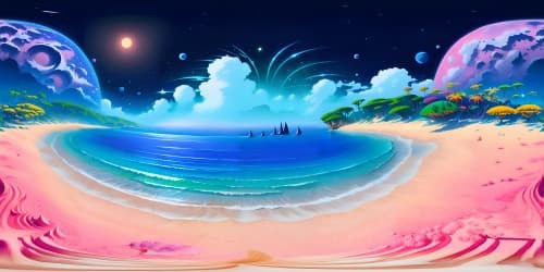 Ultra-high-resolution VR360 scene, artistic masterpiece style. Vast sea, vibrant pink night sky. Horizon-spanning VR360 perspective, soft luminescent stars, gentle waves. No sea pupper, expansive view focus.