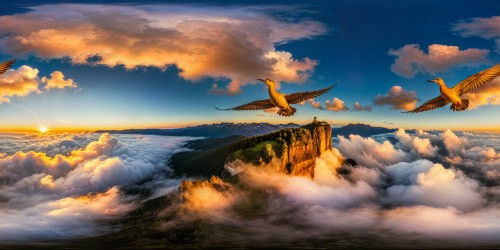 A flawless, ultra high-resolution landscape teeming with a myriad of vibrant, intricate bird species in flight, against a backdrop of a breathtaking, cloud-studded sky, lit by the perfect golden hour sunlight.