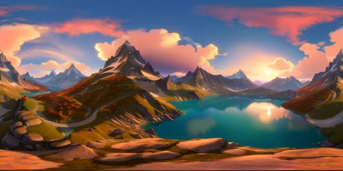 Masterpiece quality ultra-high res VR360 scene hidden lake nestled in enchanted mountains floating wyverns dotting the horizon Radiant sunset colors bleeding into the sky pastel clouds caught in the light VR360 panoramic view wyverns highlighted against the iridescent backdrop Realm of fantasy art the juxtaposition of ethereal mountain peaks tranquil lake majestic wyverns