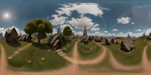 VR360 panorama, colossal lone tree, intricate detailing, Middle-Earth ambiance. No forest, no mountains, Lord of the Rings-inspired, masterpiece art quality, vibrant sky, high-resolution textures. Expansive shire landscape, isolated hobbit houses, ultra-high resolution, devoid of bog rocks.