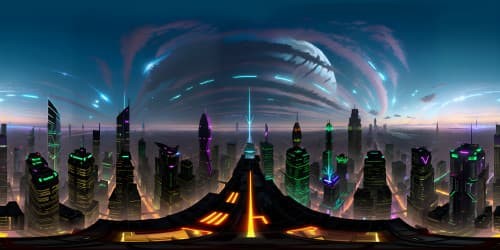 Cyberpunk metropolis, VR360, neon-lit skyscrapers touch sky, ultra high-res. Angeled monstrous holograms against starry expanse. Electric blues, purples, master stroke detailing, city reflecting on mirror-like water bodies below. Cyberpunk style VR360 panorama, colossal, monstrous designs.