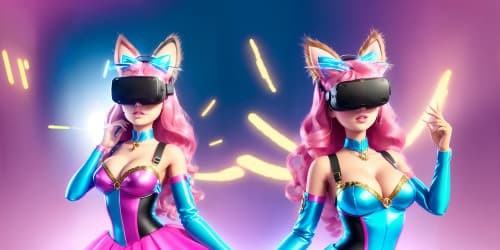 Barbie wearing pink vr glasses with cute cat ears , dancing with Ken 