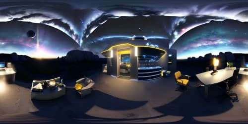 VR360, moon surface hosting desk, earth-rise backdrop, sparkling star array enveloping space jellyfish, ultra high resolution, masterpiece caliber VR360. 