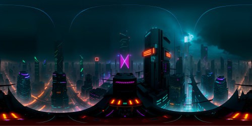 Cyberpunk metropolis, neon-soaked buildings, towering skyscrapers, elaborate digital billboards, VR360 radiant night sky, intricate network of flying drones, elevated highways, pulsating lights reflected on glass surfaces. Art style: Hyperrealistic, ultra HD, masterpiece-level detailing. An impeccable VR360 panorama, displaying a cyberpunk masterpiece.