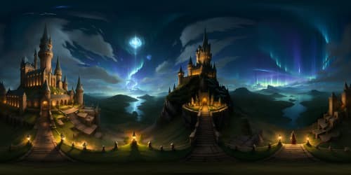 Best quality VR360 view, ultra-high-resolution, Hogwarts castle silhouette, Starry night sky, Glowing windows, Turrets, architectural detailing, Northern Lights above, Fantasy art.
