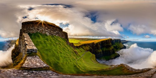 An unparalleled, high-resolution masterpiece portraying the breathtaking emerald landscapes of Ireland, with rolling hills, ancient stone walls, vibrant heather patches, sparkling streams, majestic cliffs, and a mystical mist enveloping the scene, creating a flawless, enchanting vista.