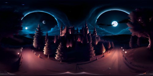 VR360: Gothic castle silhouette, ultra-high-res masterpiece, ancient stone, 4K. Brooding full moon, dark night sky, crystal clear, sprinkled stars. VR360: Full HD forest backdrop, twisted trees, medieval echo. Color palette: deep black, mysterious purple, midnight blue. Horror style, chilling sensation, unwavering darkness.