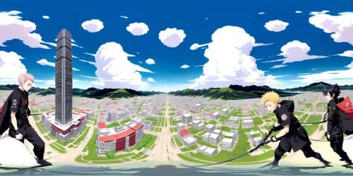 VR360 scene, ultra-high resolution, stunning masterpiece visual, JJK (Jujutsu Kaisen) anime-inspired style, sprawling cityscape, towering buildings, vibrant neon signage, immense sky filled with shifting clouds, intricate detailing, compelling VR360 immersion