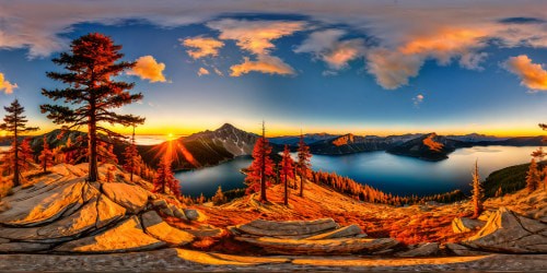 A spectacular ultra-high resolution sunset over a pristine mountain lake, reflecting vivid hues of gold, orange, and crimson, with silhouetted pine trees lining the shore, creating a flawless, picturesque scene of natural beauty.