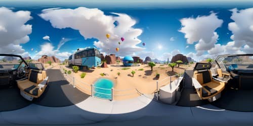 Fortnite Battlebus essence, ultra high-resolution textures, VR360 captivating stratosphere, Battlebus drifting in cerulean expanse, balloon vibrant, boxy bus below. Detailed, lively, Pixar-style clouds, sunset hues cast on bus surface, VR360 dynamic lighting effects. Masterpiece-grade, digitally painted expression.