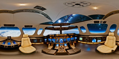 Within the immaculate spaceship cockpit, bathed in a soft celestial glow, intricate instrument panels gleam, polished metal surfaces reflect ambient starlight, and multiple screens radiate intricate star maps and constellations in stunning ultra-high resolution detail - a flawless masterpiece of virtual reality.