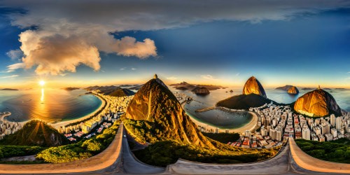 Flawless ultra high-res panorama featuring the iconic Sugarloaf Mountain, vibrant Copacabana Beach, and shimmering Guanabara Bay under a golden sun against a crystal-clear sky, a masterpiece of Rio de Janeiro's stunning skyline with unparalleled detail and perfection.